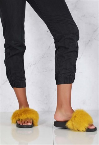 SLIP ON FLUFFY SLIDER IN YELLOW