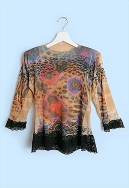 Y2K Mesh Top Lace Trim Blouse Top Abstract Animal Print