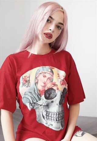 VIRGIN MARY SKULL RED OVERSIZED TEE