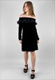 80's Black Ruffle Velvet Off Shoulder Ladies Evening Dress