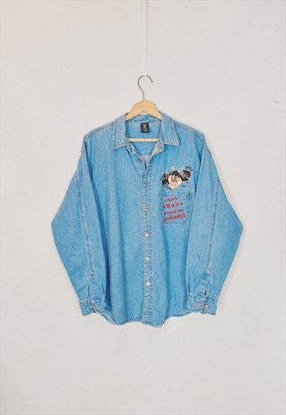 VINTAGE 1996 WARNER BROS TAZ EMBROIDERED DENIM SHIRT