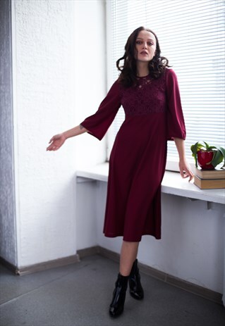 VINTAGE 80'S BURGUNDY RED LACE DETAILS MIDI DRESS
