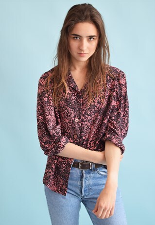 80'S RETRO FLORAL PRINT OVERSIZED FESTIVAL BLOUSE TOP