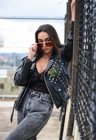 VINTAGE 80'S - 90'S LEATHER JACKET WITH STUD DETAIL