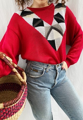 VINTAGE 80S ABSTRACT PATTERN KNIT OVERSIZED JUMPER SWEATER