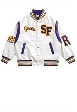 Faux leather baseball varsity jacket premium letterman white