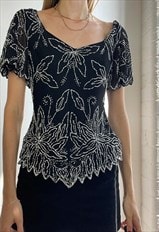 Vintage Y2k Sequinned Embellished Top Black Silver Festival