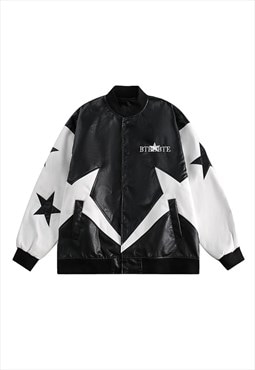 Utility varsity jacket faux leather contrast bomber in black