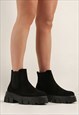 Faux Suede Chunky Heel Boots in Black