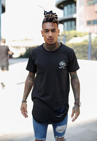 BLACK LONGLINE DISTRESSED CURVED HEM T-SHIRT