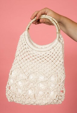 Off white cream macrame crochet handbag with round bamboo