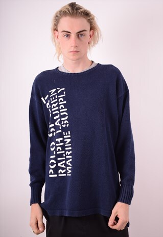 POLO RALPH LAUREN MENS VINTAGE JUMPER SWEATER LARGE BLUE 90S