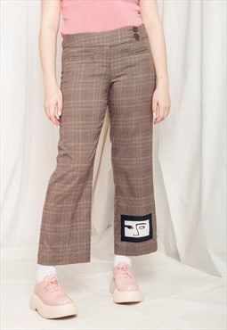Vintage Trousers Y2K Reworked Weird Face Flares in Brown