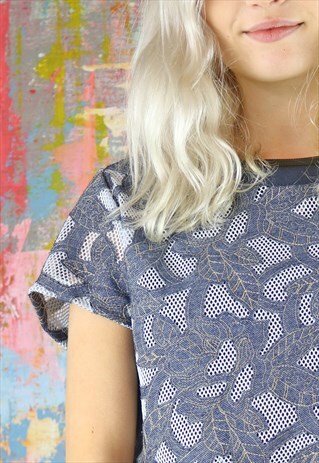 RELAX FIT MESH BOX TOP WITH DENIM LEAVES