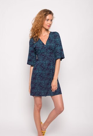 BLUE FLORAL KIMONO SLEEVES WRAP DRESS CY