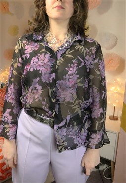 Vintage 90s Purple Floral Flowery Flowers Shirt Blouse Top