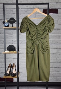 00s Vintage Glam Khaki Green Ruched Puff Sleeve Dress
