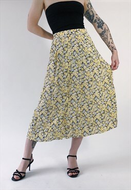 90s Vintage Yellow Ditsy Floral Midi Skirt
