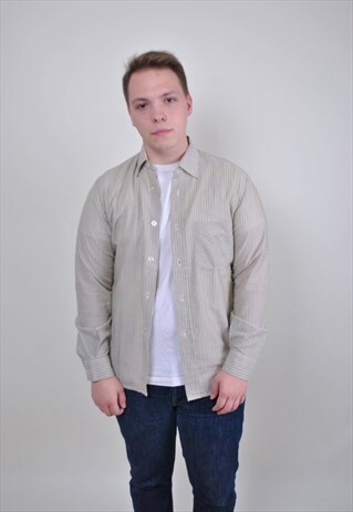 90S STRIPED SHIRT, MENS GRAY CASUAL SHIRT, SIZE M