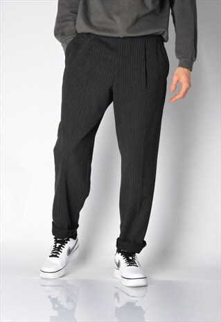 VINTAGE 90S DARK GREY STRIPED WOOL BLEND PANTS