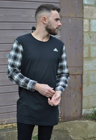 90'S GRUNGE ADIDAS REWORK T WITH VINTAGE CHECK SHIRT SLEEVES