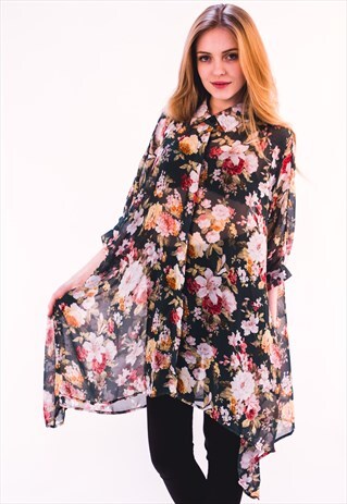 MULTI FLORAL PRINT CHIFFON FLOWY OVERSIZE SHIRT DRESS GREEN