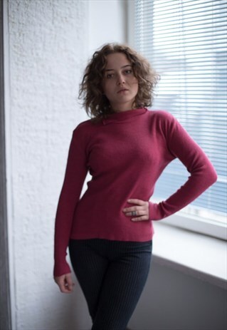 VINTAGE 70'S PINK RIBBED HIGH COLLAR TOP