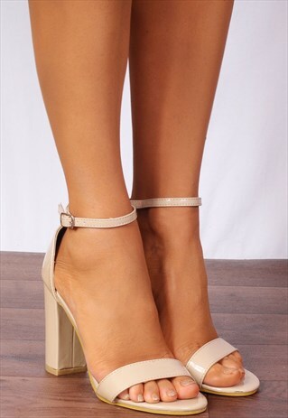 NUDE PATENT ANKLE STRAP STRAPPY SANDALS HIGH HEELS SHOES