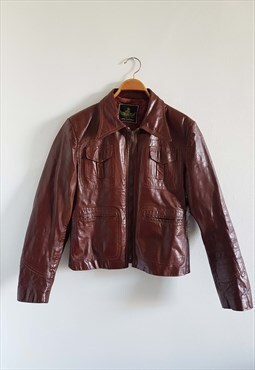 1970s Brown Leather Dagger Collar Jacket, Size S/M.