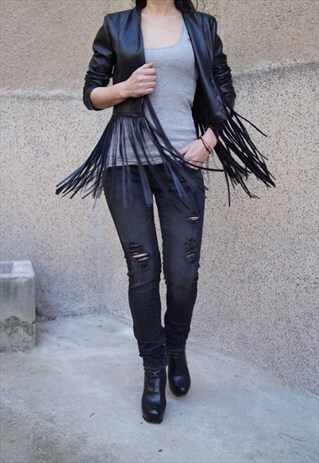 BLACK GENUINE LEATHER JACKET WITH FRINGE F1486