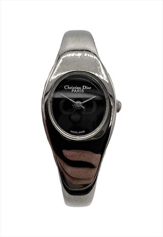 Christian Dior Watch Silver Metal Black Face CD Logo Vintage