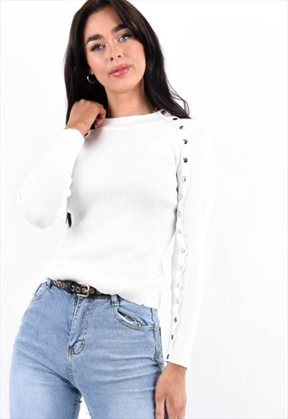 WHITE BUTTON DETAIL LONG SLEEVE RIBBED TOP