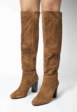 ANNIE - Slouch Premium Suede High Heeled Knee Boots in Brown