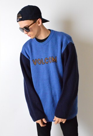 VOLCOM VINTAGE 90S BLUE COLOUR BLOCK WOOL KNIT JUMPER