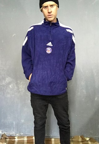 VINTAGE ADIDAS FLEECE 1/4 SWEATER JUMPER NAVY BLUE L MENS