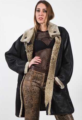 VINTAGE 80S LEATHER SHEEPSKIN COAT /