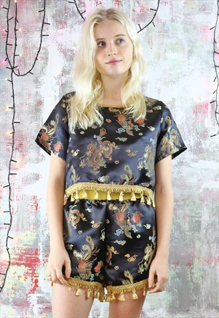 TOP IN BLACK SATIN WITH CHINESE DRAGONS & GOLD TASSELS