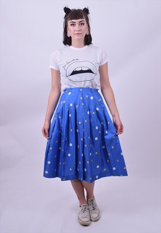 VINTAGE 80'S BLUE WHITE & YELLOW POLKA DOT MIDI SKIRT SIZE 8