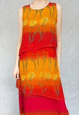 Vintage Layered Red Orange Mustard Maxi Dress, Medium Size, 