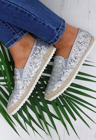 SILVER SEQUIN SPARKLY ESPADRILLES SLIP ON PUMP SHOES