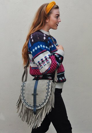 BEIGE SUEDE FRINGED TASSELED CROSSBODY BOHO SHOULDER BAG