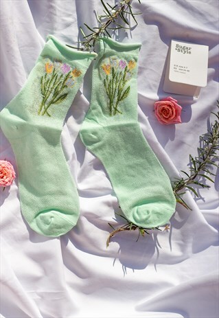 Mint Green Netted Tulip Print Socks