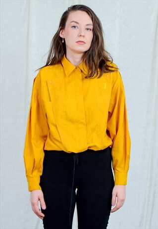MUSTARD SHIRT WOMEN VINTAGE LONG SLEEVE TOP 80S RETRO YELLOW