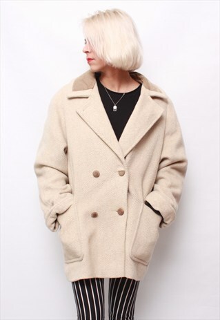 VINTAGE 80' BEAUTIFUL CLASSIC BEIGE UNISEX SHORT WOOL COAT