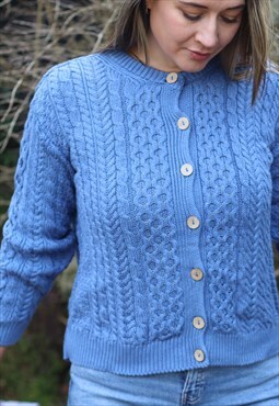 Pure Cotton Lilac Blue Cable Knit Aran Cardigan