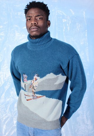 VINTAGE PIERRE CARDIN BLUE AND GREY ROLL NECK KNITTED JUMPER