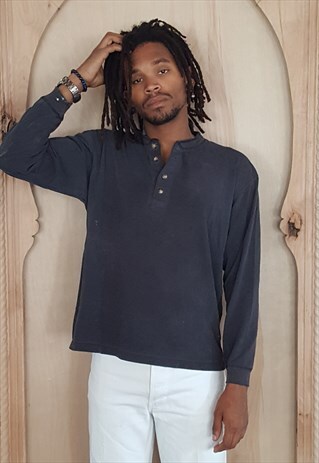 90S SPORTSWEAR SKATER FADED BLACK LONG SLEEVE HENLEY MEDIUM