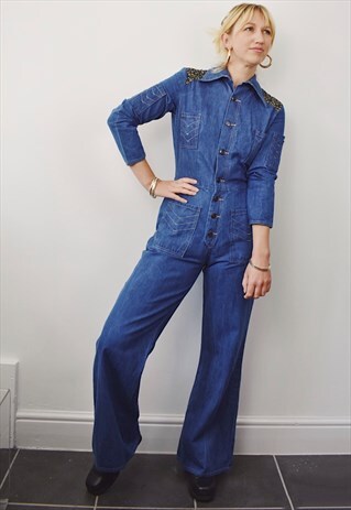 VINTAGE 70S DENIM BOILERSUIT JUMPSUIT FLARED BLUE