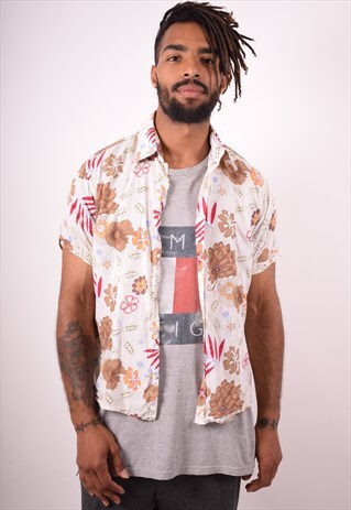 MENS VINTAGE SHIRT MEDIUM WHITE FLORAL 90S