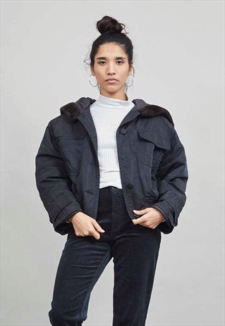 CROPPED VINTAGE 90'S HOODED BLACK BOMBER JACKET